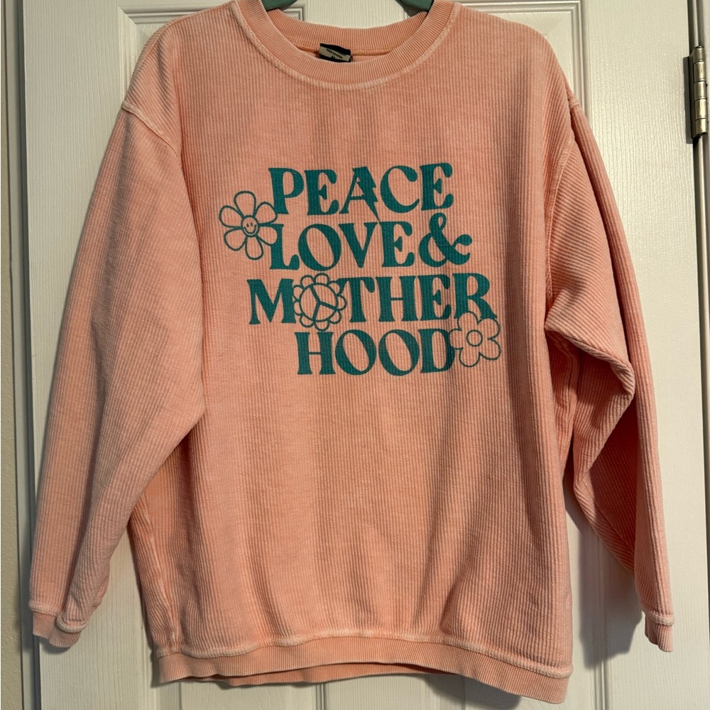 Peachy Pink Ribbed Graphic Women Sweater- Medium
